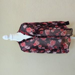 Kut from the Kloth Jasmine Black Red Semi Sheer Button Down Blouse Medium